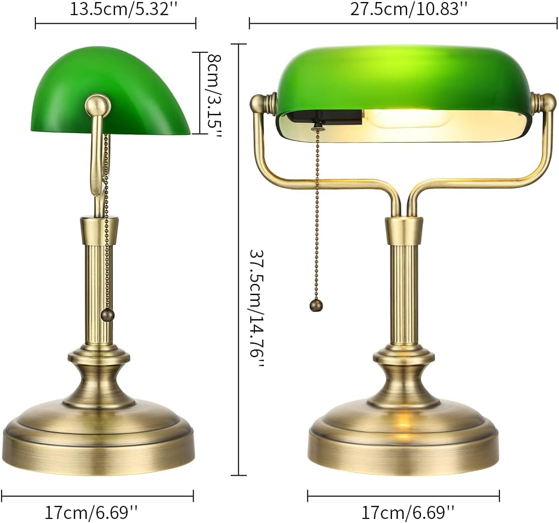 Traditional Banker's Desk Lamp with Glass Shade,Pull Chain Switch, LED Bulb Included (Antique Bronze+Green)