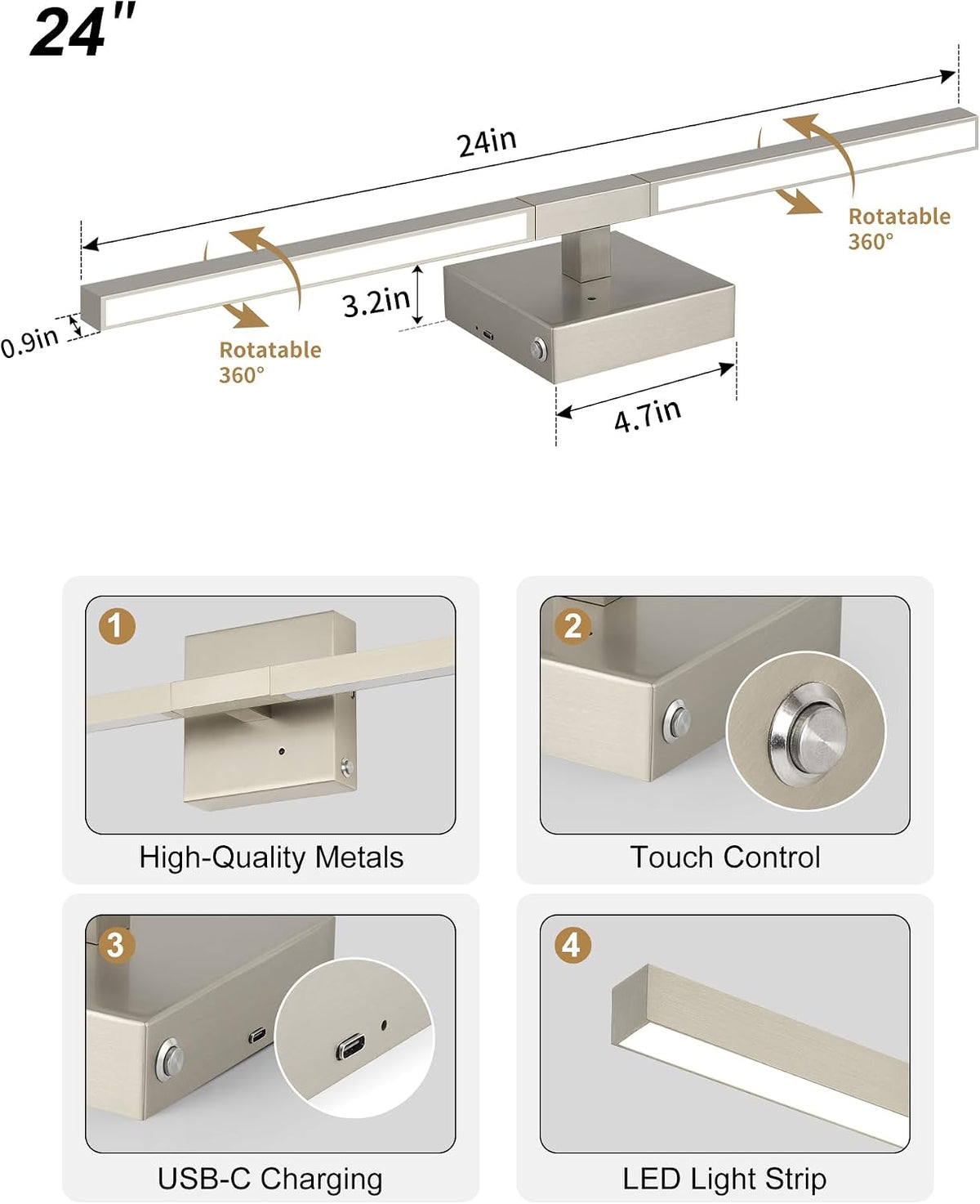Rayogale Nickel Battery Operated Wall Sconces Set of 2, 24 Inch | 3000/4500/6000K Dimmable 8000mAh Wireless