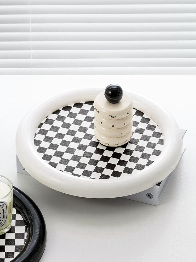 Checkered Decorative Tray / Round White Checkered