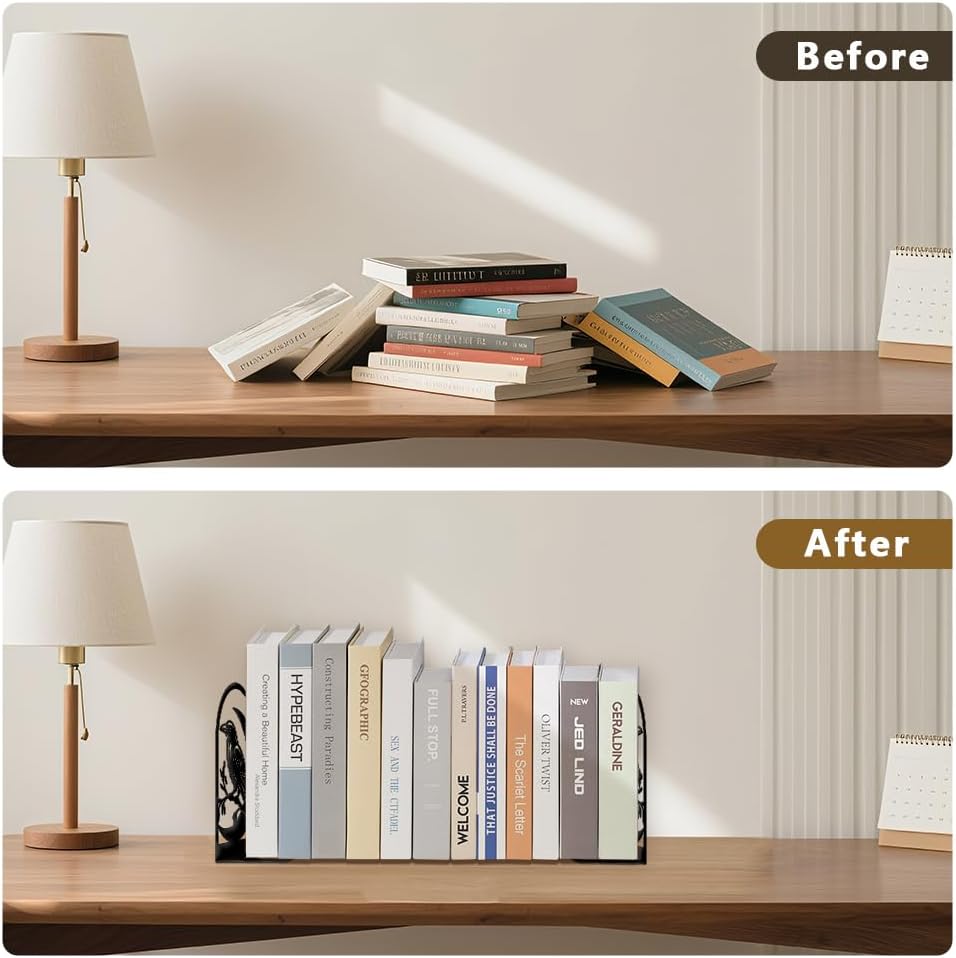 Large Book Ends Metal Non-Slip Bookends Heavy Duty Stoppers / Moon and Crow / Black / Set of 2