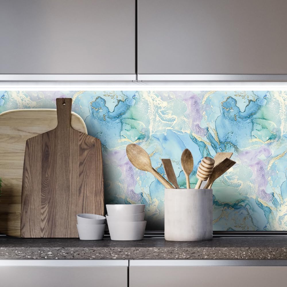 Watercolor Blue Gold Marble Peel and Stick Wallpaper Self / 17.7 x 118.1 / Mint Green and Gold
