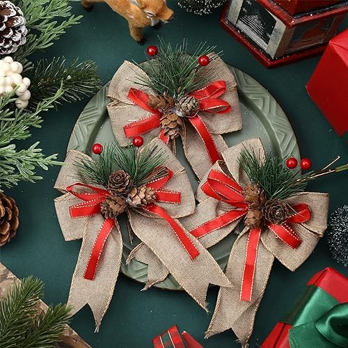 Syhood 6 Pcs Christmas Bows Xmas Velvet Bows Tree Decor, Burlap