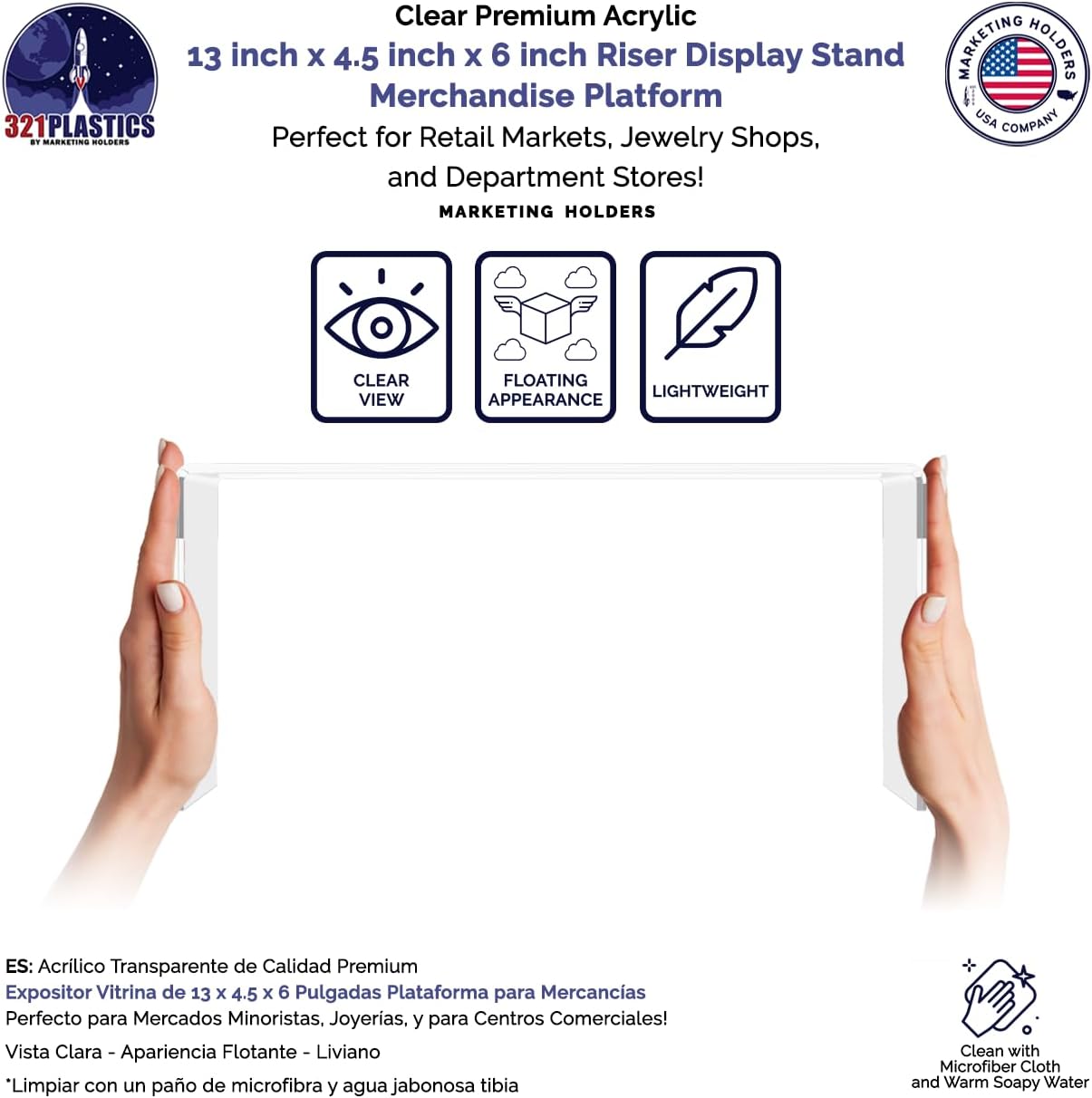 Marketing Holders 6 Pack Clear Acrylic Riser 13 Inch Wide by 4.5 Inch Deep Bench Retail Jewelry Stores One Piece