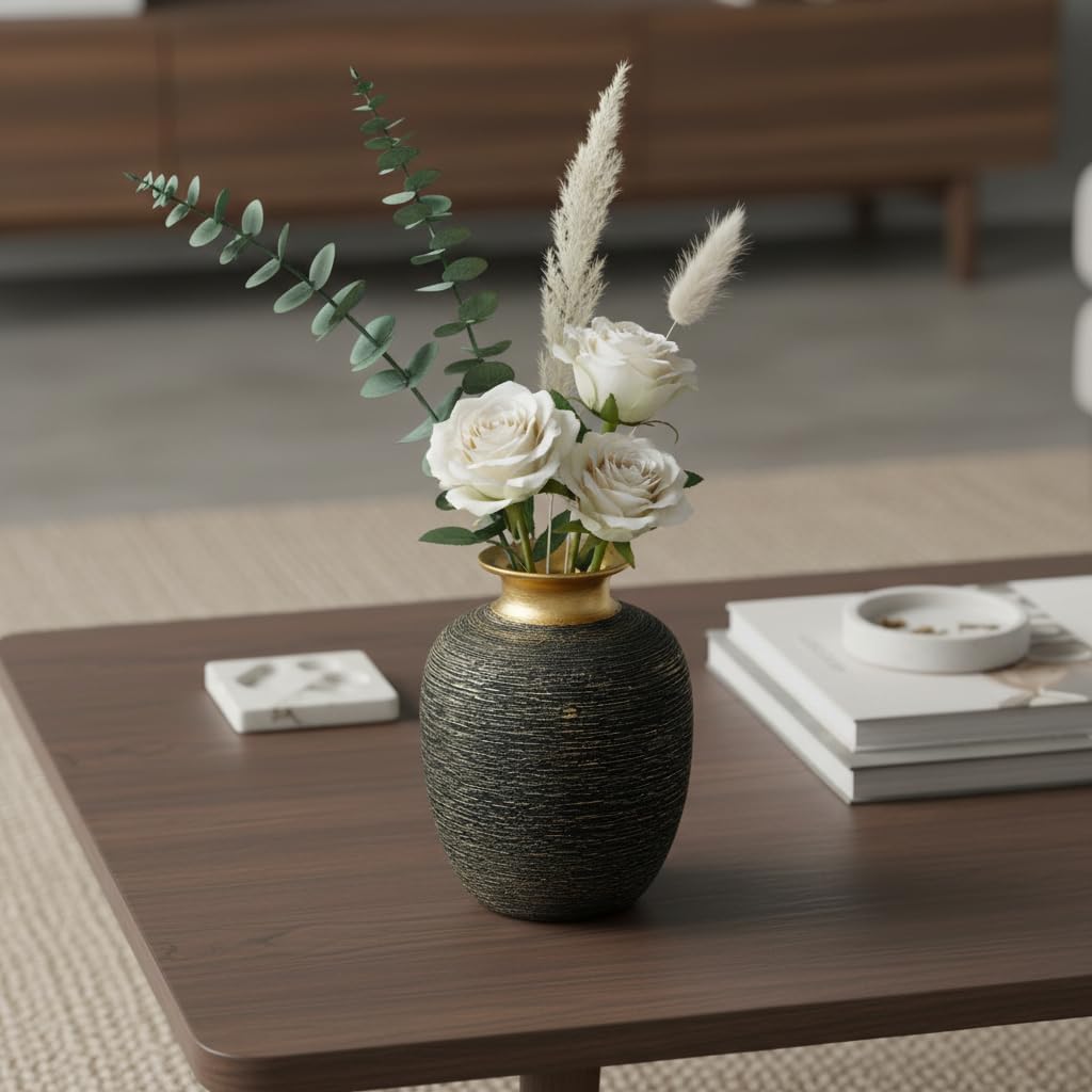 Modern Textured Decorative Vase / Black and Gold / 7 Inch