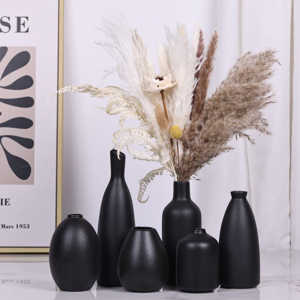Small Black Ceramic Bud Vases / Black Set / Set of 6