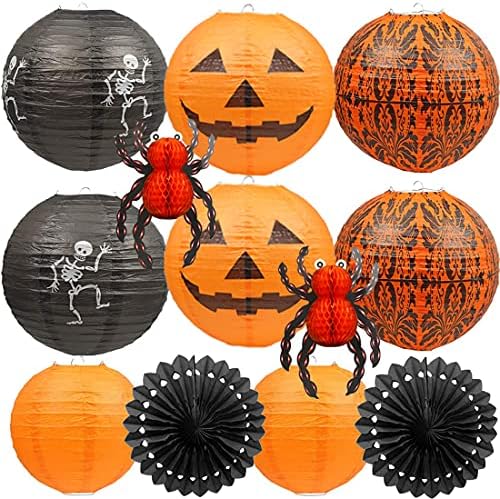 UNIQOOO 12Pcs Halloween Hanging Decorations Paper Lanterns, Jack-O'-Lantern Spider Skeleton Pumpkin for Indoor & Outdoor Spooky Home Decor, Party Supplies Props, 12" & 8" (Orange, Black)