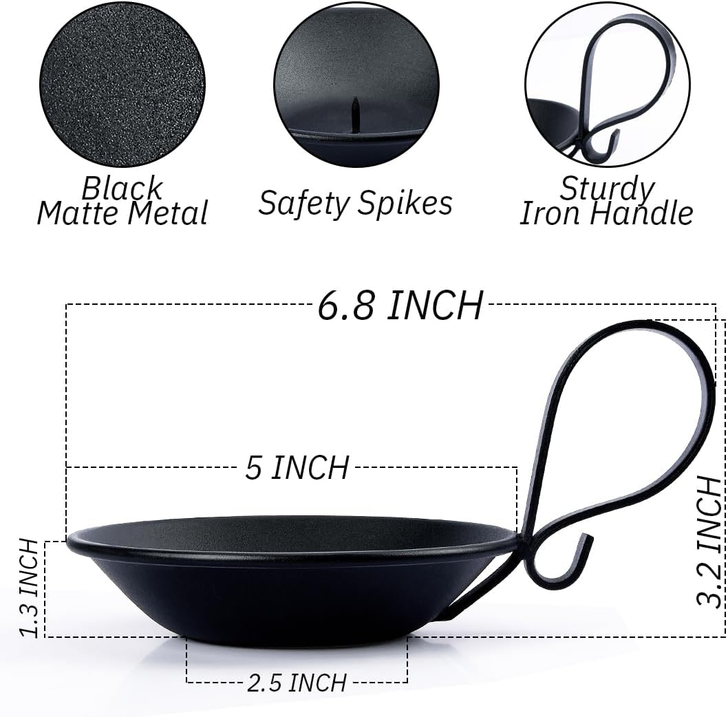2-Pack Matte Black Iron Pillar Holders, Handle & Safety Spike | Thick Cast Metal, Powder Coating, Secure Grip Base