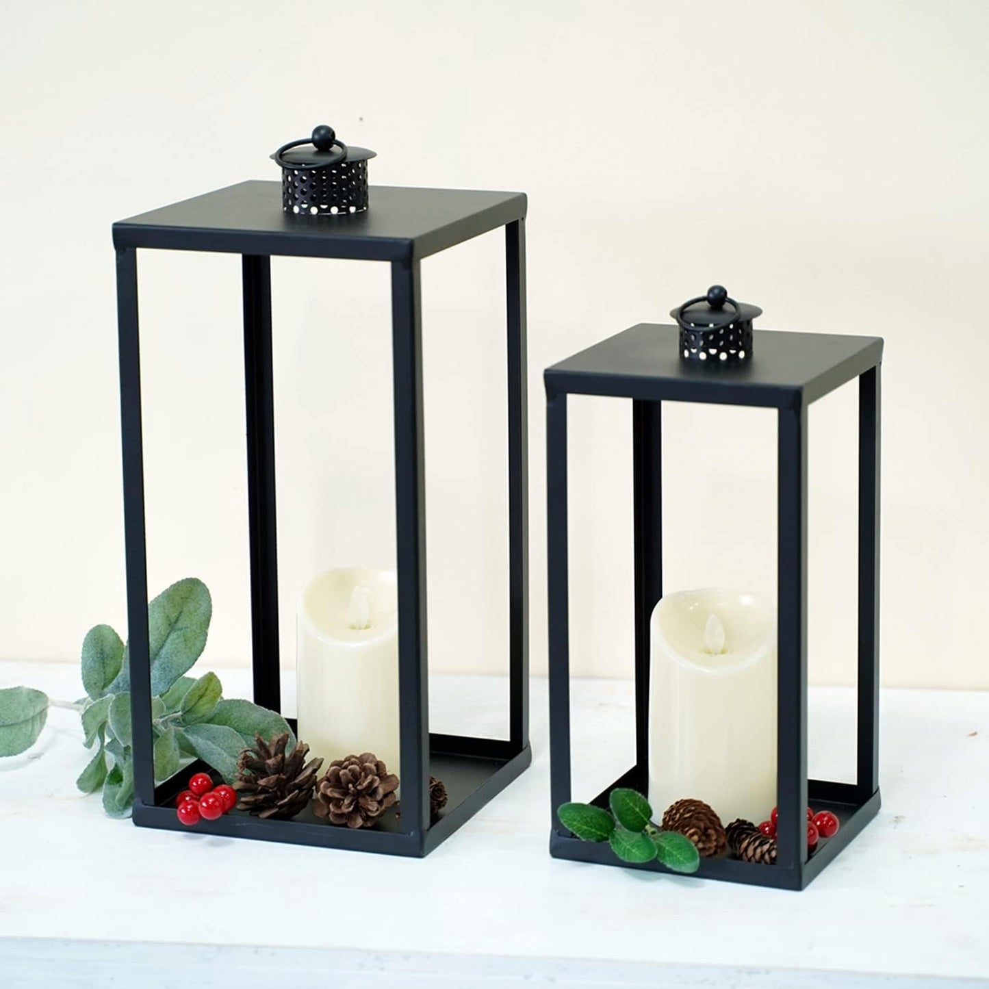HPC Decor Black Metal Candle Lanterns Set of 2- Lanterns Decorative with Flickering Timer Candles- 16.5'' & 13'' Chunky