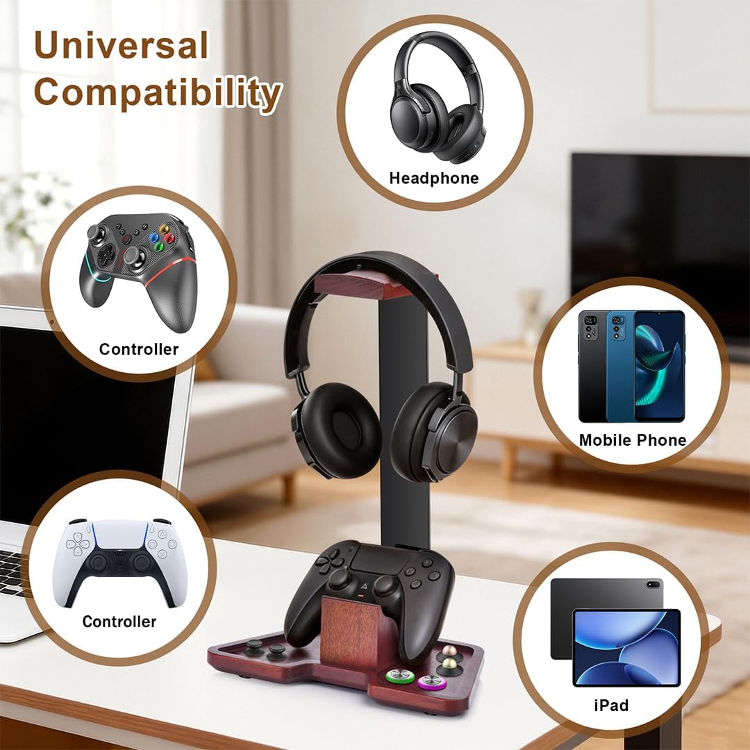 Headphone Holder Stand for Desk, Wood and Metal Headset Hanger Mount Hook Gaming Holder Desktop Earphone Artful