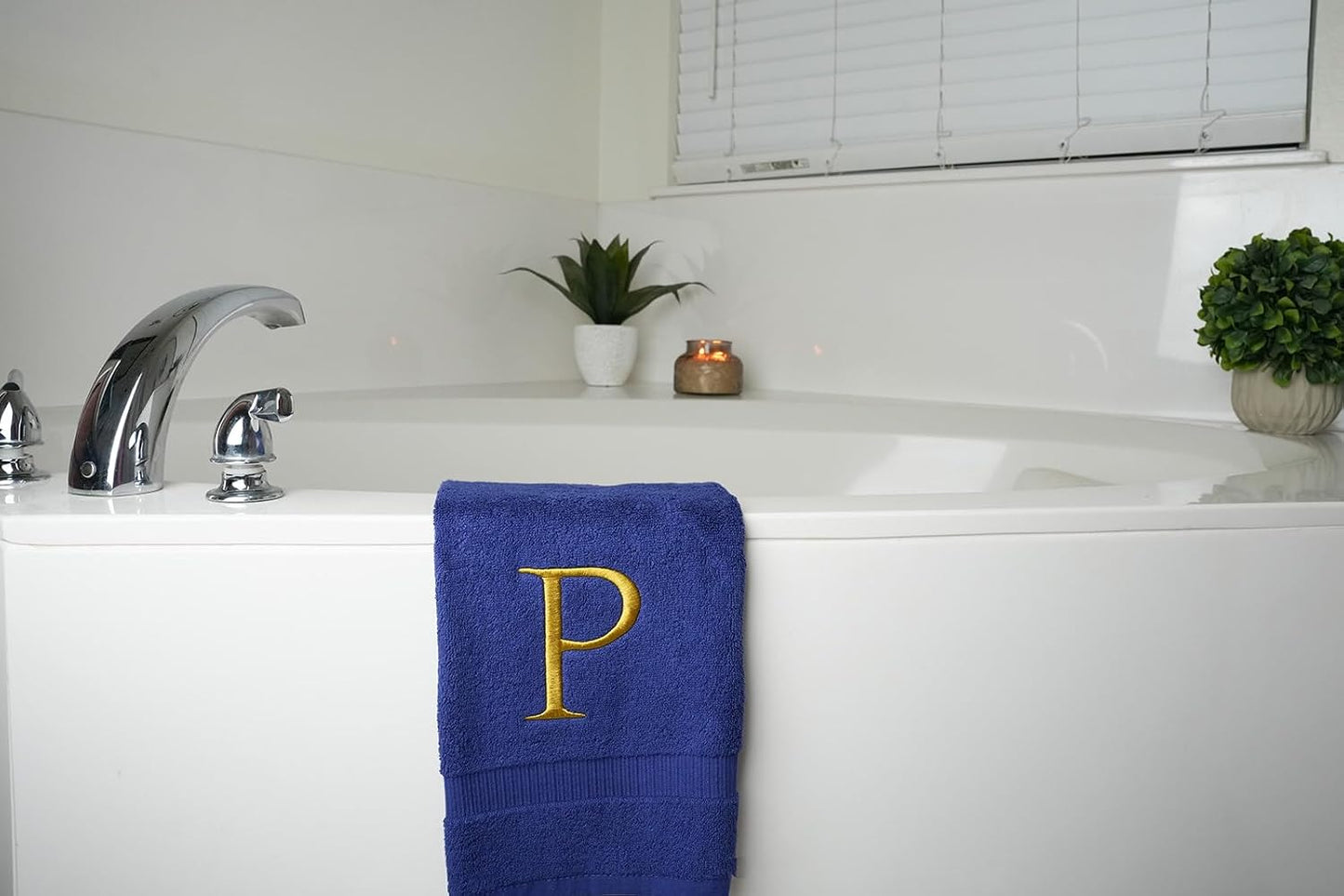 Navy with Gold Monogrammed Hand Towels for Bathroom - Set of 2 Letter P | Luxury Hotel Quality Initial Towels For