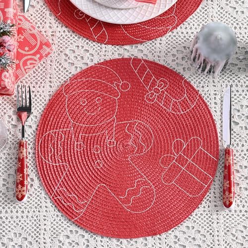 Feuille Round Christmas Placemats Set of 4,13.5 Inch Red Gingerbread Man Placemats for Round Tables Winter Placemats Perfect for Indoor Christmas Decorations