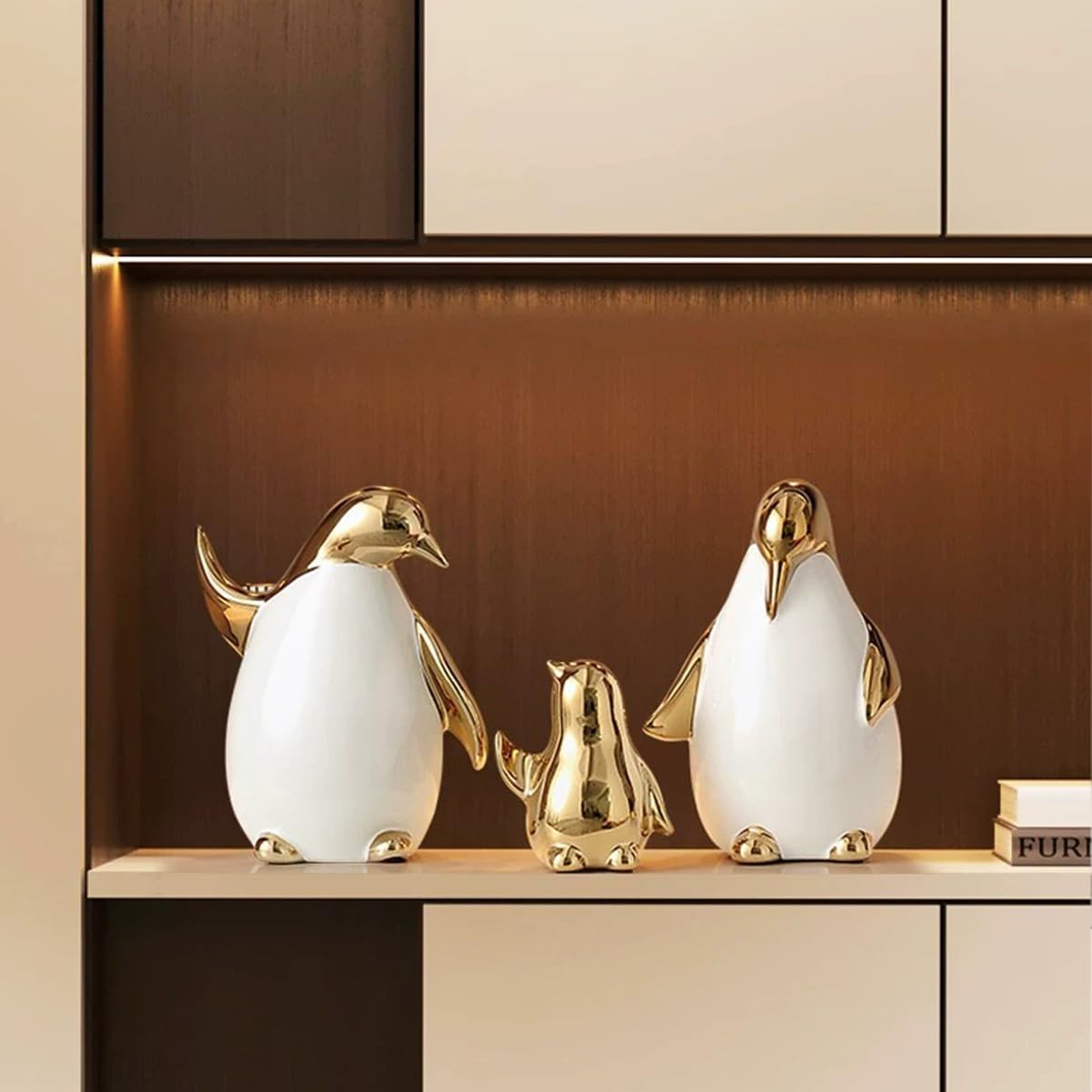 Ceramic Statues Aesthetic Abstract Penguins Sculpture Modern Home Decor / White Gold / Set of 3