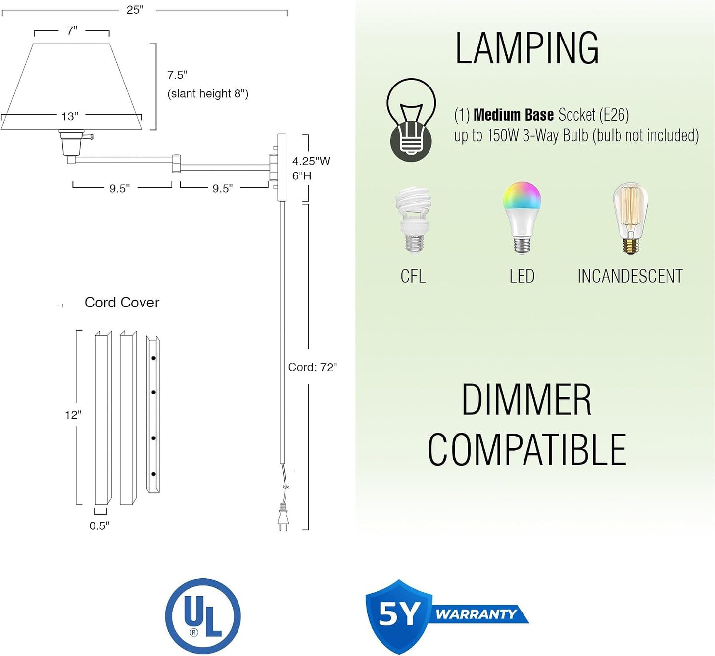 Kira Home Cambridge 15" Modern Swing Arm Wall Sconce with 3-Way Switch | White Empire Fabric Shade, 2-in-1 Plug In or