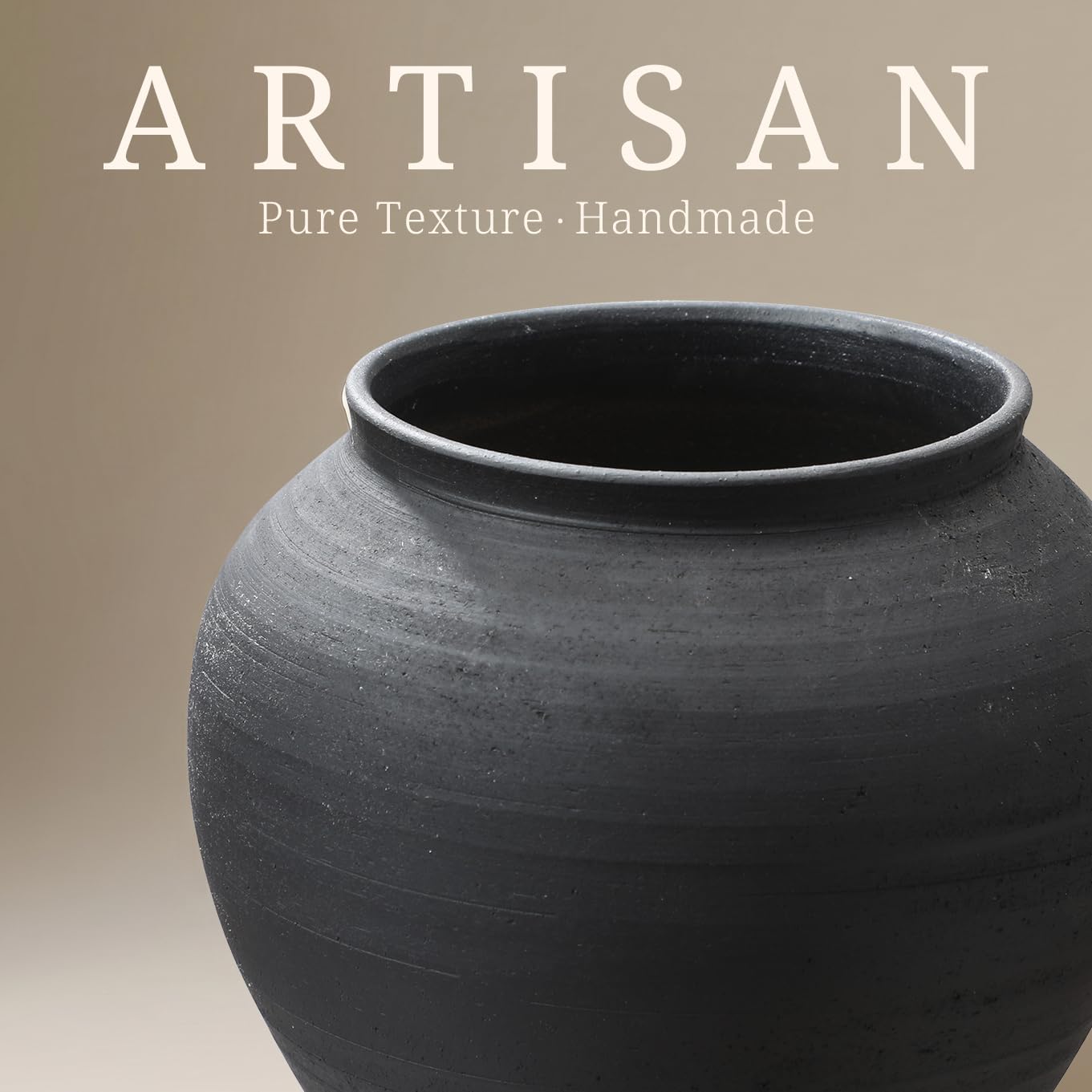 Ceramic Vase / 6.7" Wabi-Sabi Ribbed Flower Vase / Matte Charcoal / Matte Black