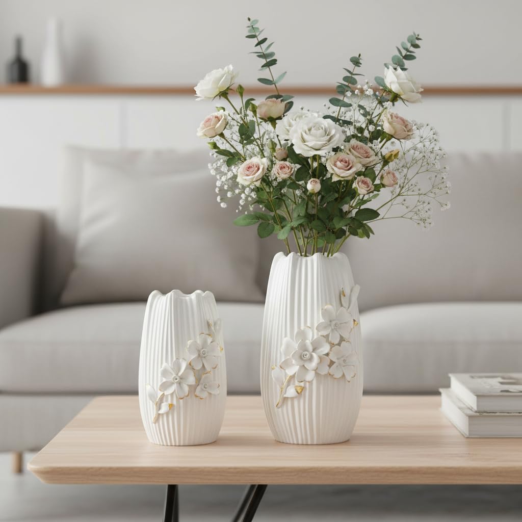 Ceramic Vase / 3D Modern Vase for Centerpieces / White / 9 Inch