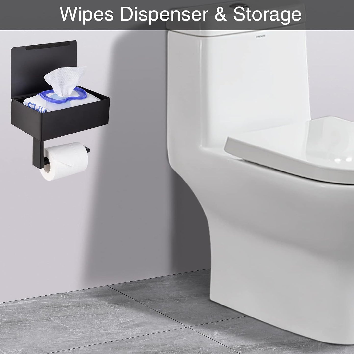 Adhesive Toilet Paper Holder with Shelf and Storage, Wall Mount Toilet Paper Roll Holder & Flushable Wipes Dispenser
