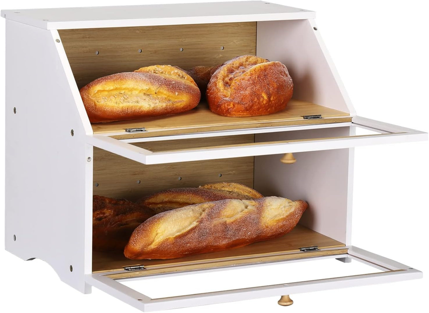 HOMEKOKO Double Layer Wood Bread Box for Kitchen Counter,Keep Fresh, White | Keeps Bread Fresh 3-4 Days, Large Capacity
