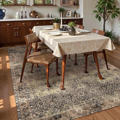 Washable Area Rug 5' x 7' Vintage Traditional Persian Mat - Foldable Distressed Non-Slip Machine Washable Carpet for