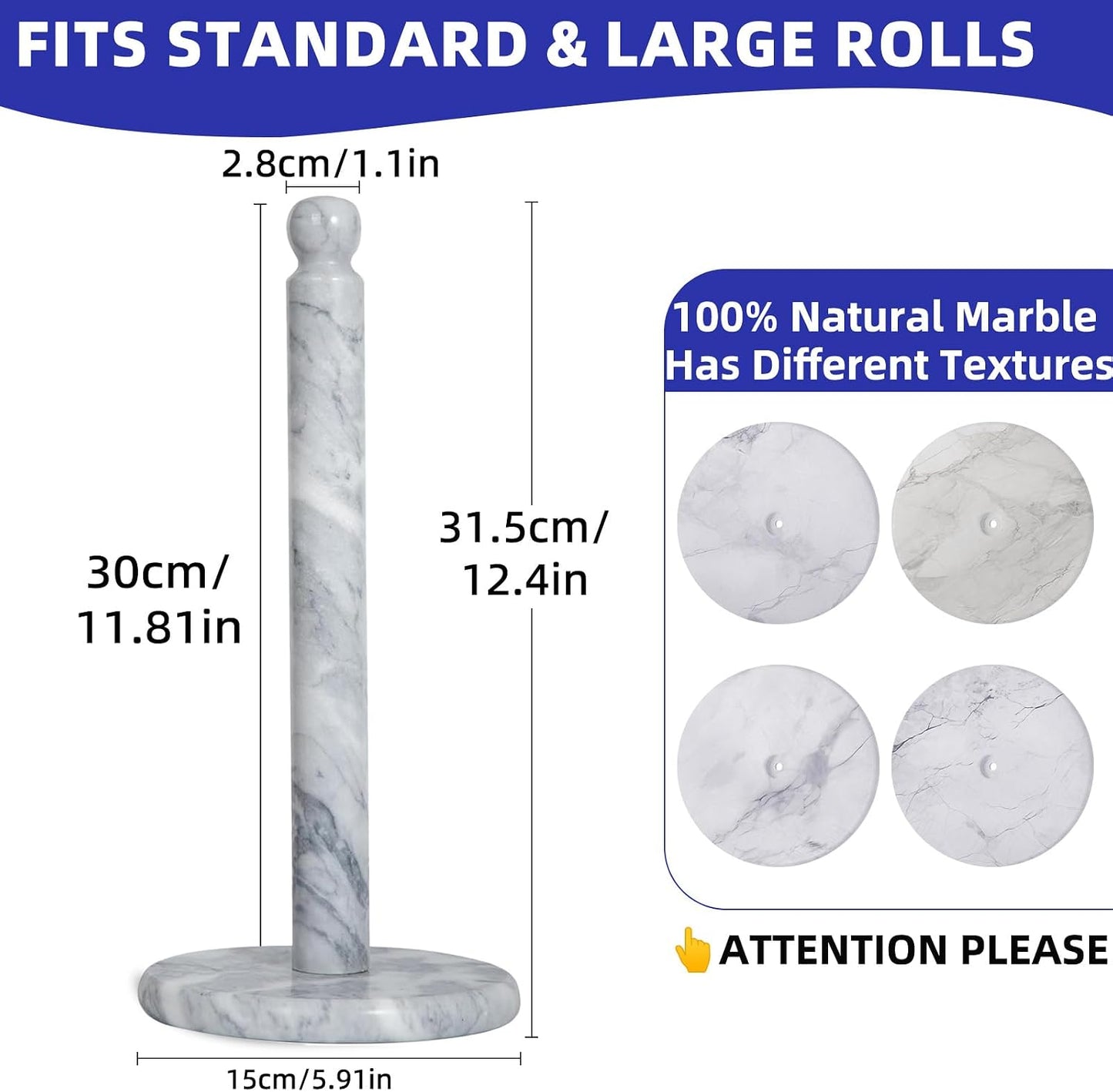 Natural Marble Paper Towel Holder for Kitchen Countertop - 2.6 lbs (1.2kg) Heavy Duty Weighted Base for One-Handed