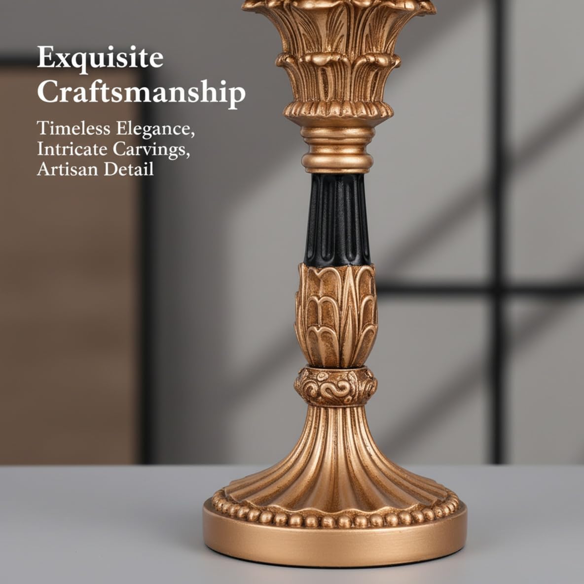 Resin Pillar Candle Holders Set of 3 – an Antique Gold Frame with Engraved Decorations (9", 7.5", 6") with 3.1" Tray &