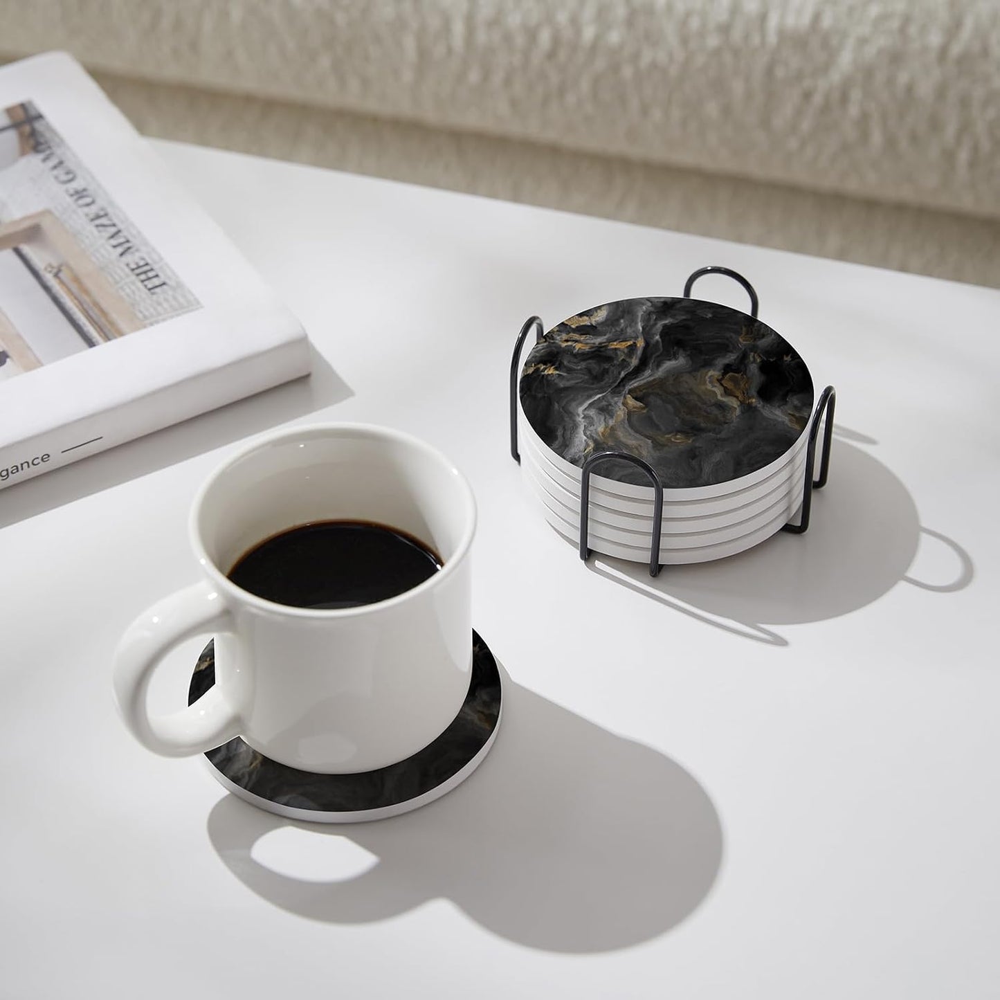 Holder / Absorbent Ceramic Coasters for Drinks / Abstract Black Marble / Set of 6