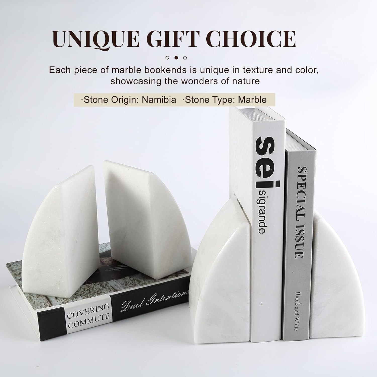 Marble Bookends / Large Bookends for Heavy Books / Sail-white