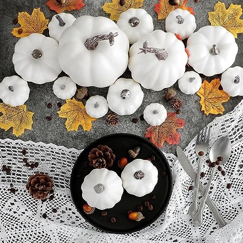 Ywlake 16 pcs Pumpkin Fall Decorations, Decorative Large Small Outdoor White Foam Plastic Fake Faux Artificial Pumpkins for Halloween Autumn Harvest Festival Home Table Decor
