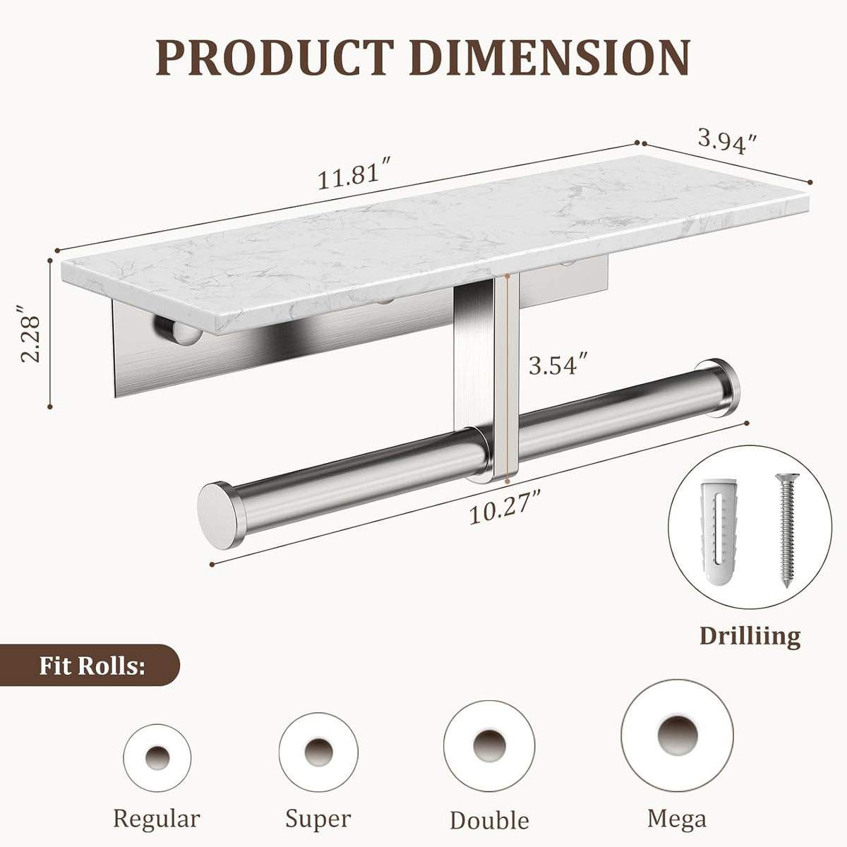 BWE Double Toilet Paper Holder with Shelf Wall Mounted Tissue Roll Holder | Commercial Toilet Paper Dispenser for