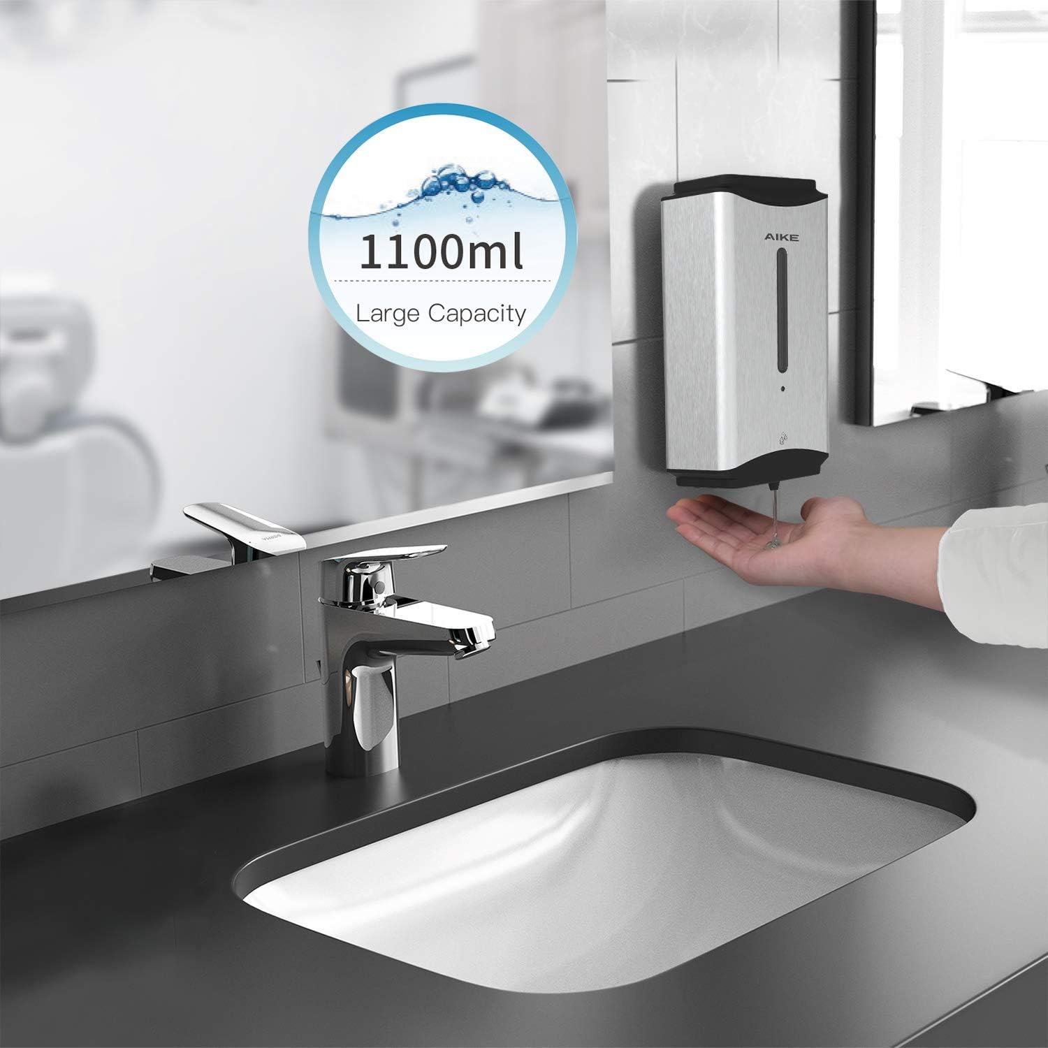 AIKE Heavy Duty Automatic Soap Dispenser,37oz for Bathroom,Polished Steel | 5-Level and Savety Key for Commercial(4*AA