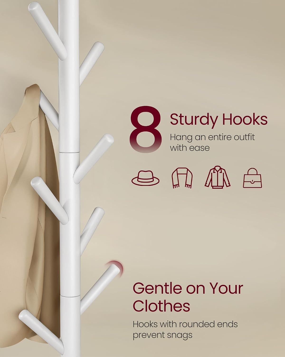 VASAGLE Solid Wood Coat Rack, Free Standing Tree-Shaped Coat Rack with 8 Hooks, 3 Height Options, for Clothes, Hats