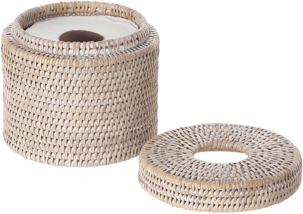KOUBOO La Jolla Rattan Toilet Paper Holder with Lid, White Wash, Bathroom | Handwoven natural texture, freestanding