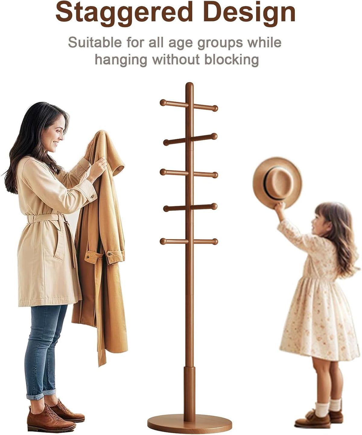 Solid Wood Coat Rack Freestanding with 10 Hooks, Coat tree freestanding 3 Adjustable Heights for coat, Hats, Handbags