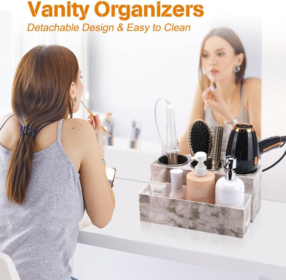 GFWARE Hot Hair Styling Tool Organizer with 3 Stainless Steel Cups, Marble | Hair Accessories Bathroom Vanity Storage
