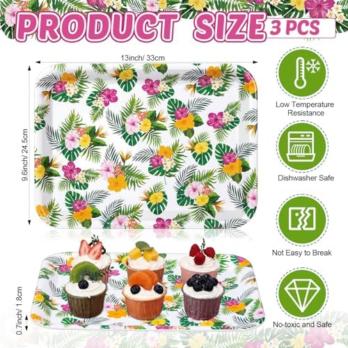 Vesici 3 Pcs Hawaiian Luau Serving Trays 13 x 10 Inch Tropical Hibiscus Flowers Melamine Platters Reusable Rectangular Serving Dishes for Pool Beach Aloha Summer Party Sharing Food Snack Fruit Dessert