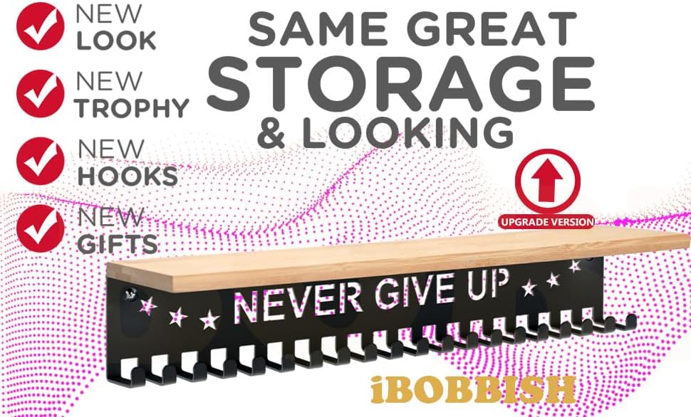 iBobbish Premium Trophy and Medal Display Shelf 16inchL,Metal Trophy Shelf with Hooks Upgraded,Large Bamboo Trophy