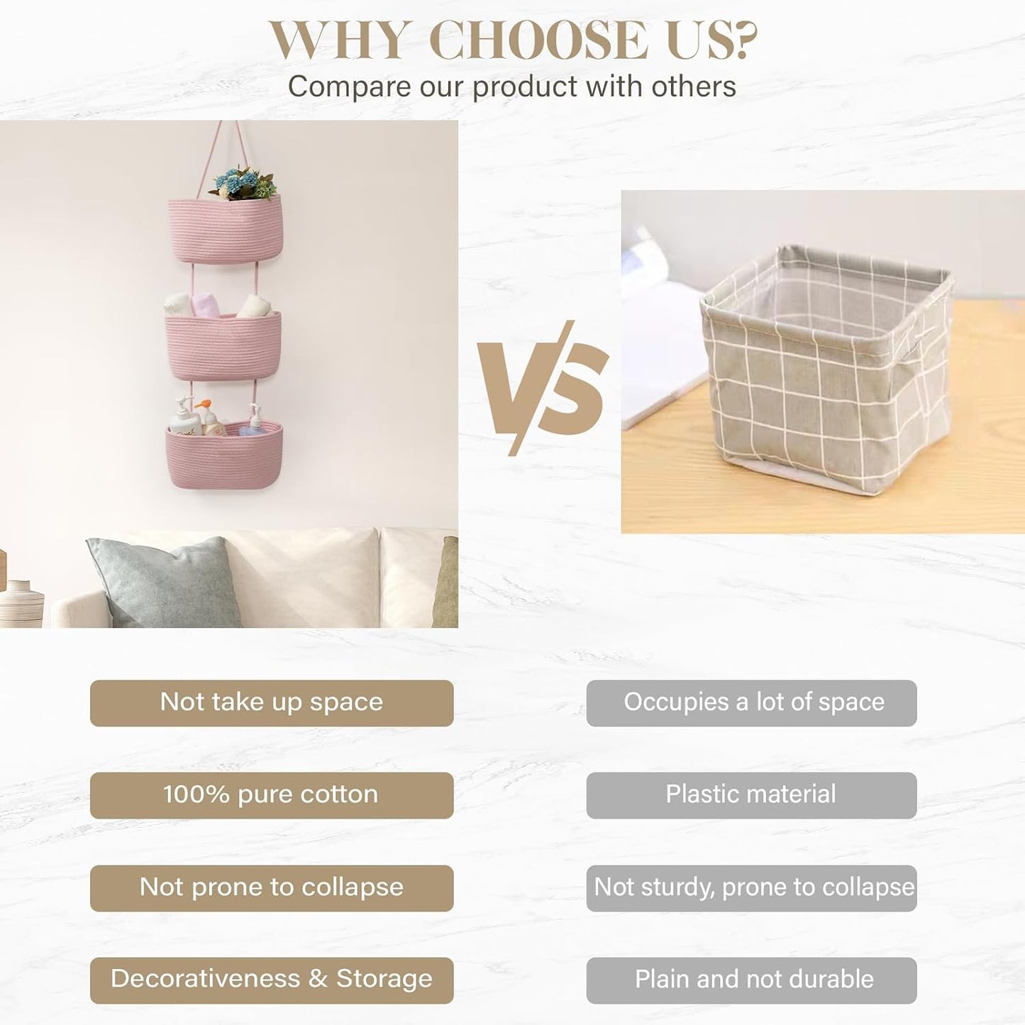3-Tier Woven Cotton Wall-Mounted Storage Organizer Bag Decorative Hanging Nursery / Pink