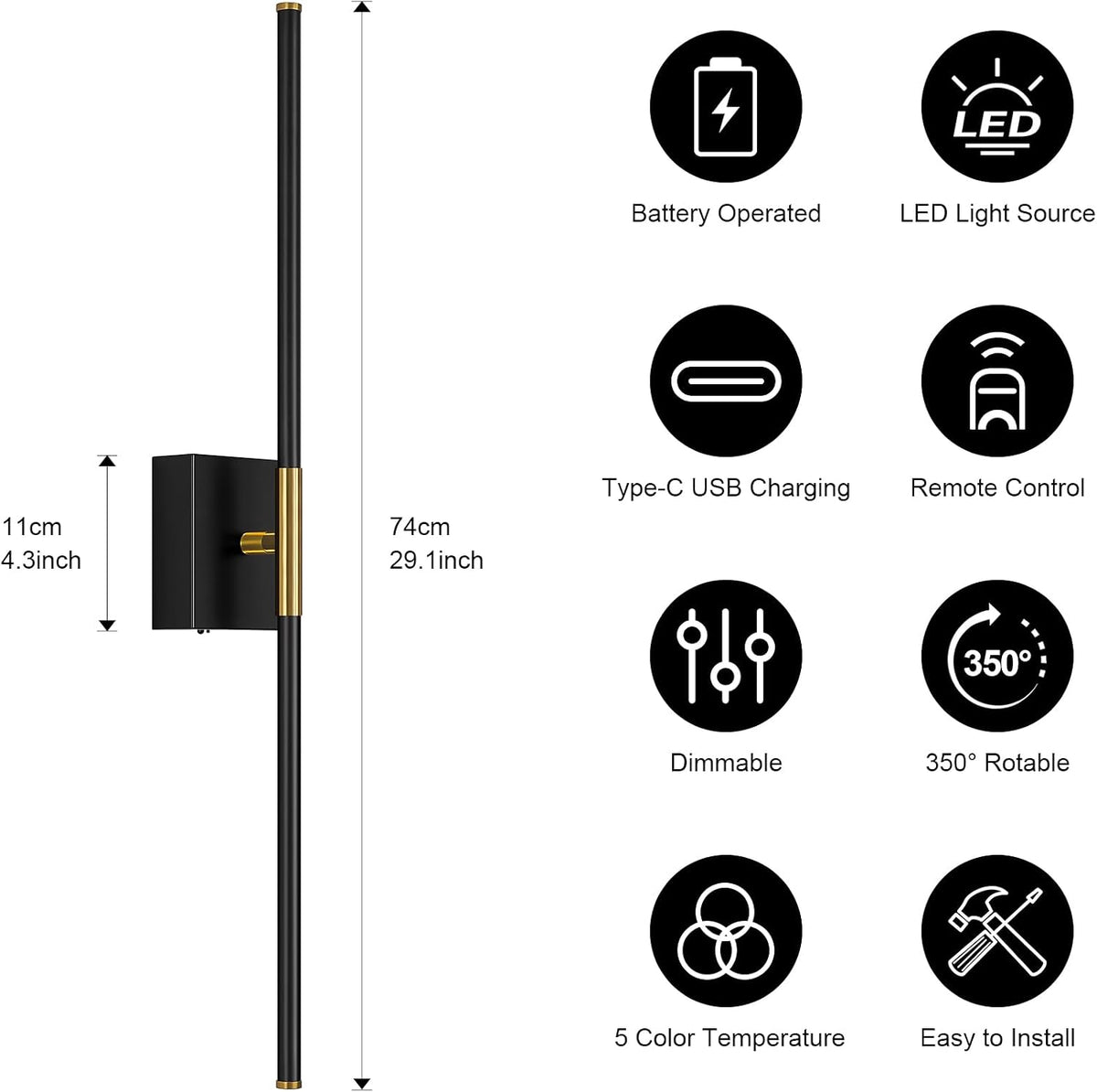 Wall Sconces Set of Two with Remote Control 29.1 in Dimmable Black Gold Battery Operated Wall Lights 350° Ratation