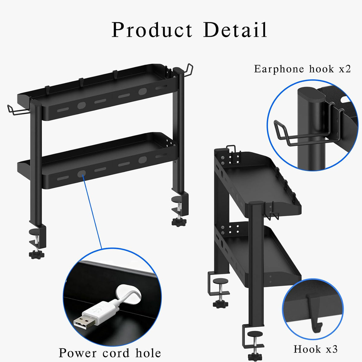 Clamp on Desk Shelf, 17in 2-Tier Office Desk Shelves Organizer, Small Shelf for Top of Desk with Headphone Holder and