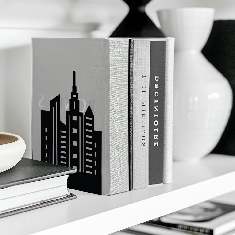 Metal Bookends / Modern Decorative Heavy Duty Study Book Support Stoppers / Building