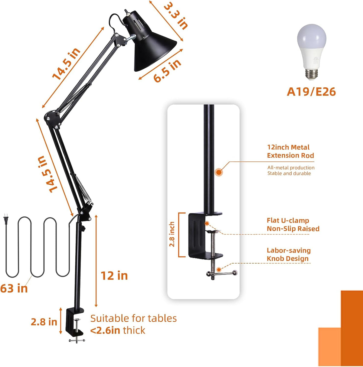 Black Desk Lamp with Clamp, Extra-Tall Adjustable Metal Swing Arm, 5000K | Manicurist Table Lamp for Nail Work
