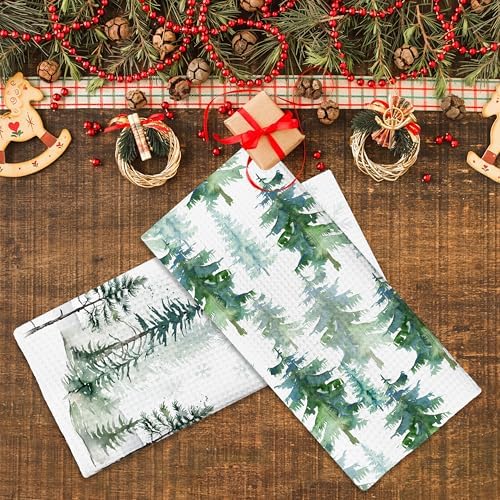Winter Decor Green Tree Snow Christmas Kitchen Towels,16x24 Inches Set of 2,Tea Towels Dish Towels Hand Towels for Home Kitchen Farmhouse Bathroom Decor.(028)