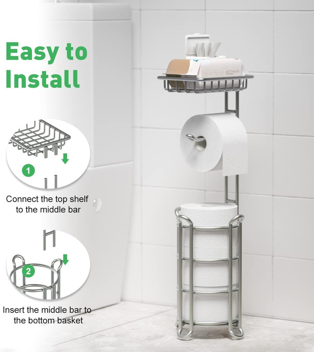 Toilet Paper Holder Stand Bathroom Tissue Dispenser Holders Rack Free Standing with Extra Shelf Storage Mega