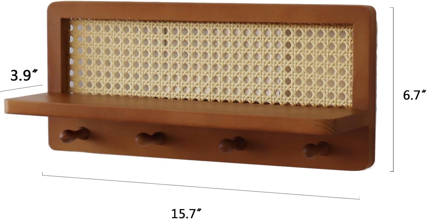 PE Rattan Coat Rack Shelf Wall Mounted with 4 Hooks, Decorative Coat Hook Rack with Floating Shelf for Entryway