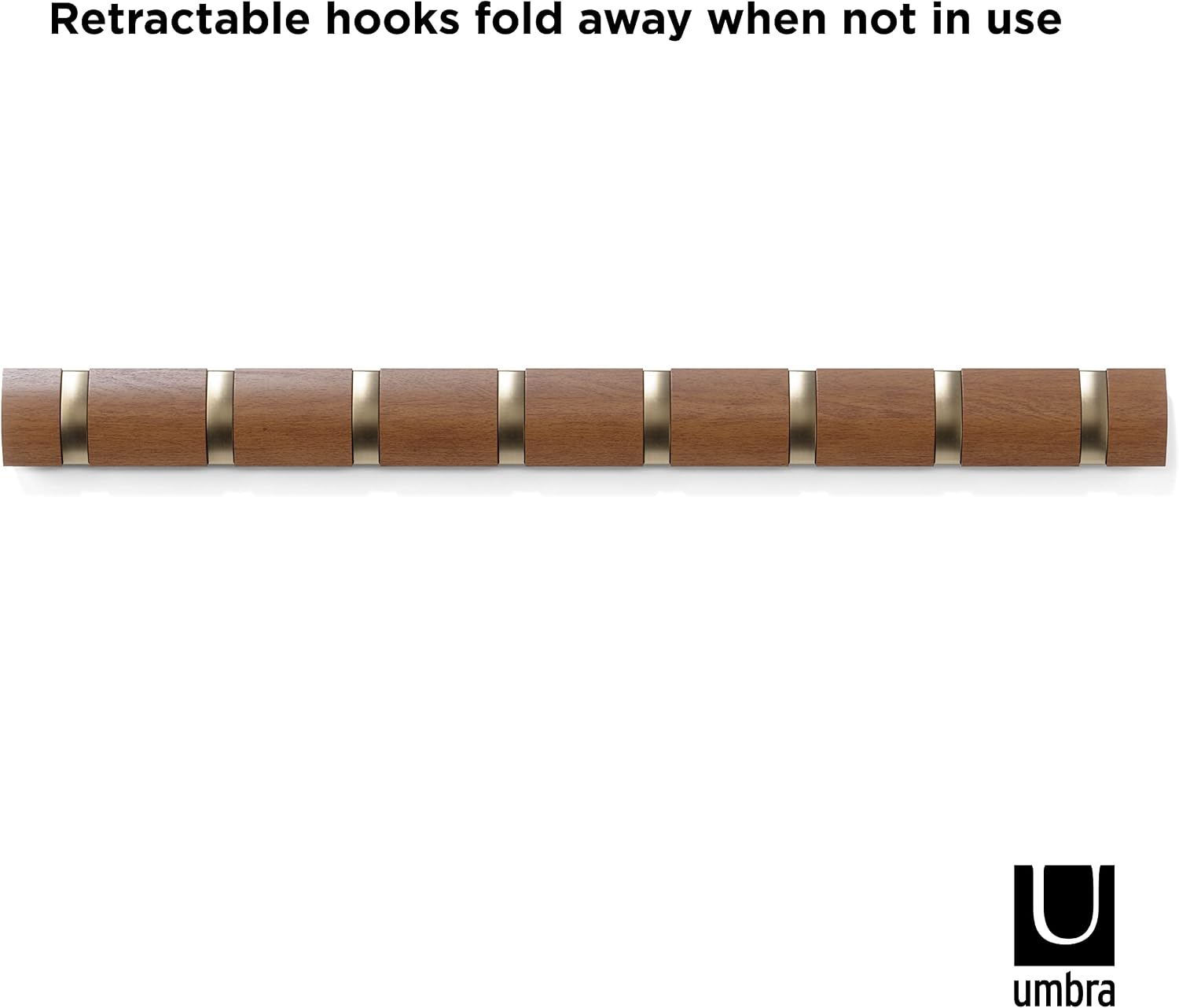 Umbra Flip Coat Rack, Wall Mount 8-Hook, Space Saving, Light Walnut/Warm Gold