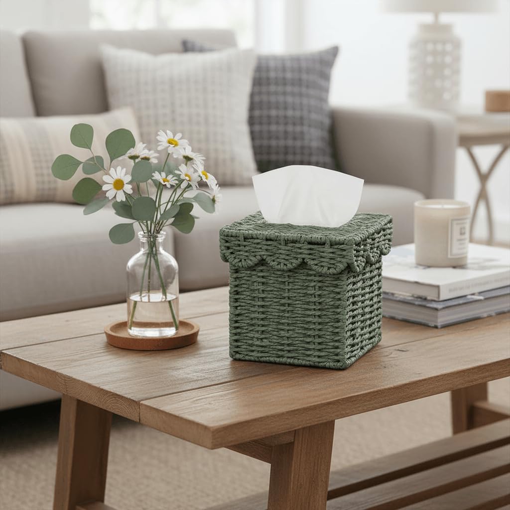 Square Wicker Tissue Box Holder Facial Tissues Boxes w/Scalloped Lid / Green