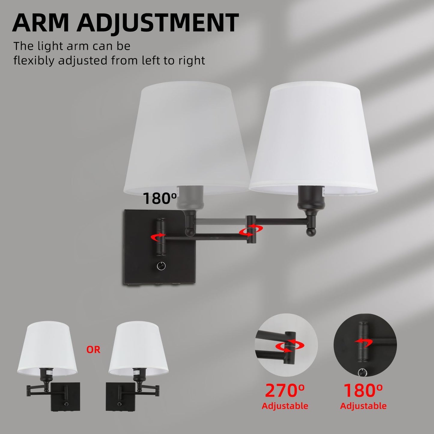 Bedside Wall Mount Light with Dimmable Switch and USB C+A Charging Port, Swing Arm Fabric Shade Wall Sconce Light with