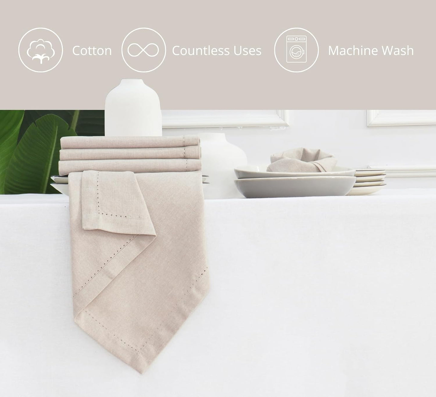 Set of 12 Hemstitch Cloth Dinner Napkins 100% Cotton - Soft Durable Washable - Ideal for Wedding Spring Easter Summer