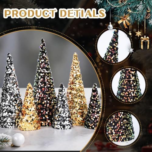 6 PCS 12" 10" 6" Christmas Sequin Cone Tree Decorations Black Gold Silver Glitter Tabletop Small Trees Tiered Tray Ornament for Xmas Gothic Halloween Farmhouse Mantel Shelf Table Home Party Tree Decor