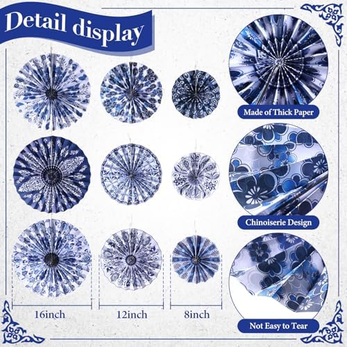 Dispowreath 9 Pcs Chinoiserie Paper Fans Blue and White Hanging Decor