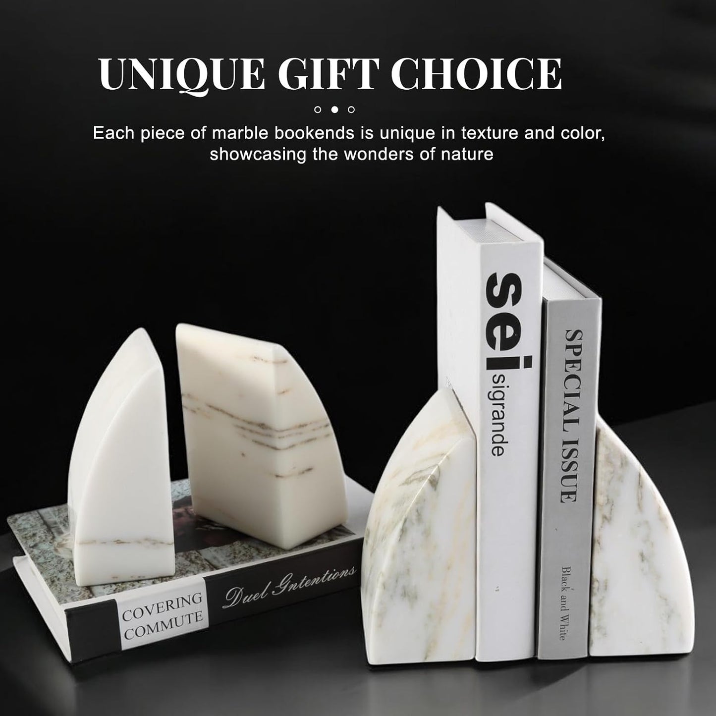 Marble Bookends / Large Bookends for Heavy Books / Sail-oriental Calacatta / Natural